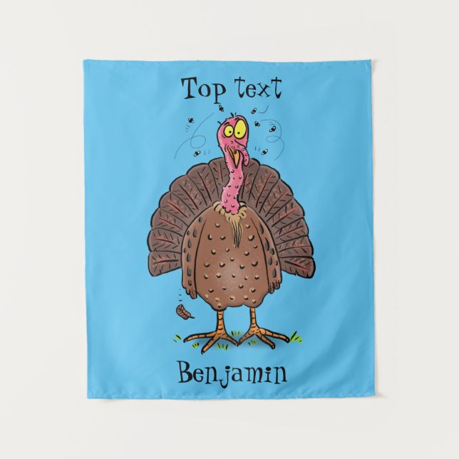 Funny brown farmyard turkey with flies cartoon tapestry (Front)