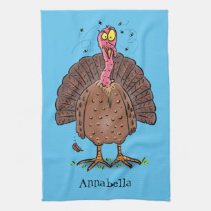 Funny brown farmyard turkey with flies cartoon tea towel