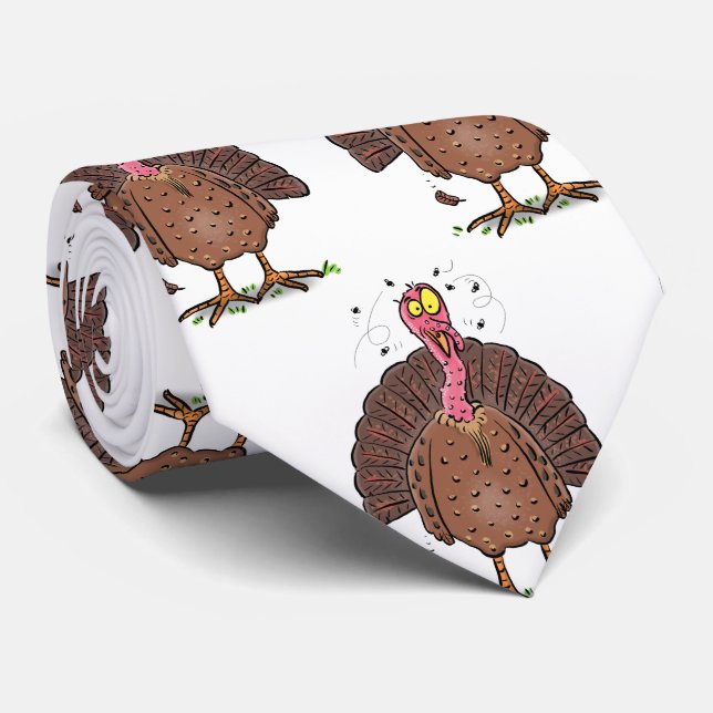 Funny brown farmyard turkey with flies cartoon tie (Rolled)