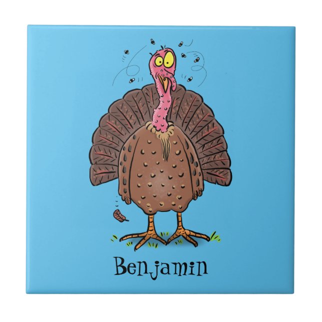 Funny brown farmyard turkey with flies cartoon tile (Front)