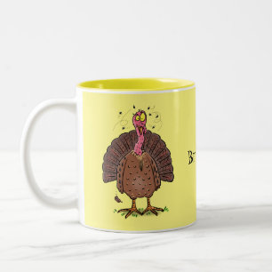 Funny brown farmyard turkey with flies cartoon Two-Tone coffee mug