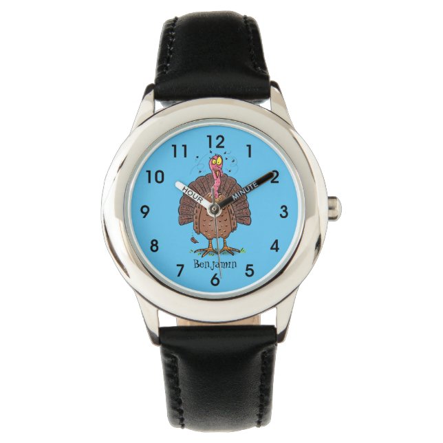 Funny brown farmyard turkey with flies cartoon watch (Front)