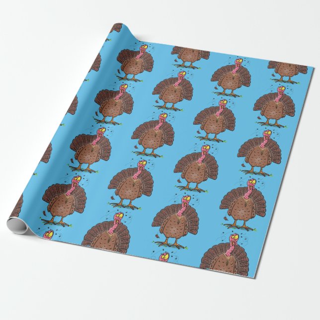 Funny brown farmyard turkey with flies cartoon wrapping paper (Unrolled)