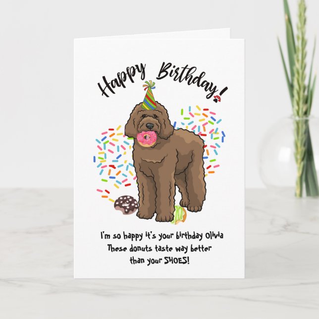 Funny Brown Labradoodle Birthday Card Doughnuts (Front)