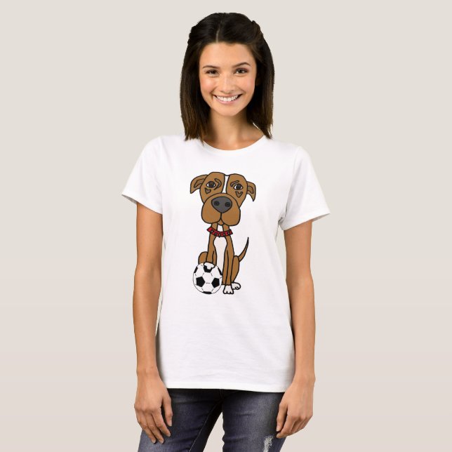 Funny Brown Pit bull Puppy dog Playing soccer T-Shirt (Front Full)