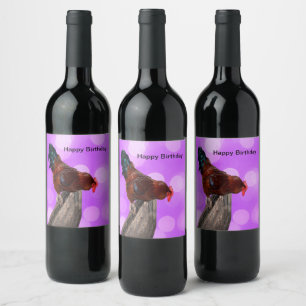 Funny Brown Rooster On A Fence Wine Label