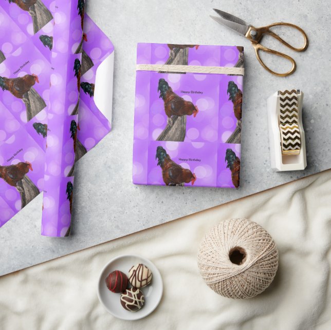 Funny Brown Rooster On A Fence Wrapping Paper (Crafts)