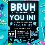 funny Bruh Birthday Neon Boy Pool Party Teenager Invitation<br><div class="desc">Dive into the ultimate summer fun with our Bright Neon Lights Blue Bruh Pool Party! Perfect for boys who love bold colours and poolside excitement, this neon glow-themed celebration is packed with cool vibes and splashy fun. Featuring bright neon blue lights, glow-in-the-dark pool games, and a trendy "bruh" party atmosphere,...</div>