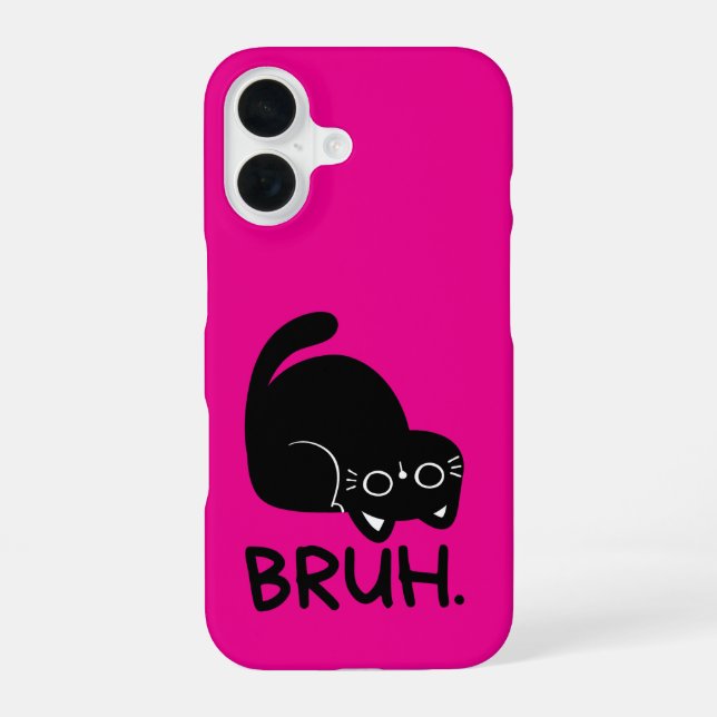 Funny “Bruh” Cat Cute Pink Aesthetic Black cat iPhone 16 Case (Back)