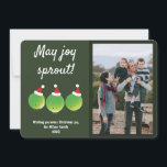Funny Brussels Sprouts Photo Christmas Holiday Card<br><div class="desc">A funny photo Christmas card with three smiling brussels sprouts and the Christmas words "May joy sprout!". This item includes customisable words. This card includes a template photo that is meant to be replaced with your own. All of the words can be customised.

Photography © Storytree Studios,  Stanford,  CA</div>