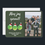 Funny Brussels Sprouts Photo Christmas Holiday Card<br><div class="desc">A funny photo Christmas card with three smiling brussels sprouts and the Christmas words "May joy sprout!". This item includes customisable words. This card includes a template photo that is meant to be replaced with your own. All of the words can be customised.

Photography © Storytree Studios,  Stanford,  CA</div>