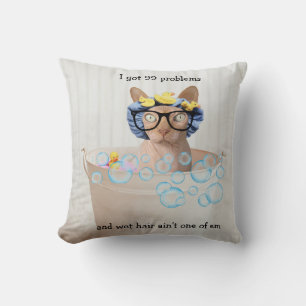 Funny Bubble Bath Sphynx Cat Throw Pillow