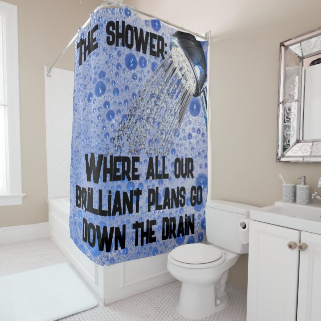 Funny Bubble Teen Boy Brilliant Plans...Down Drain Shower Curtain (In Situ)