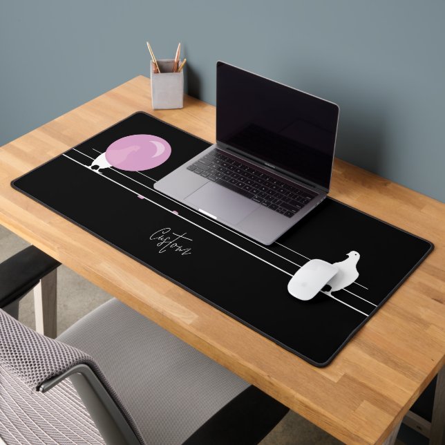 Funny Bubblegum Birds on a Wire Black Desk Mat (Office 2)