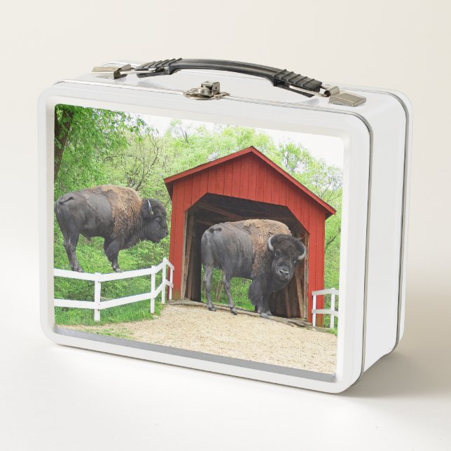Funny Buffalo At The Red Covered Bridge Metal Lunch Box (Front)