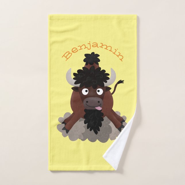 Funny buffalo bison cartoon illustration bath towel set (Hand Towel)