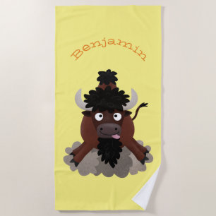 Funny buffalo bison cartoon illustration beach towel