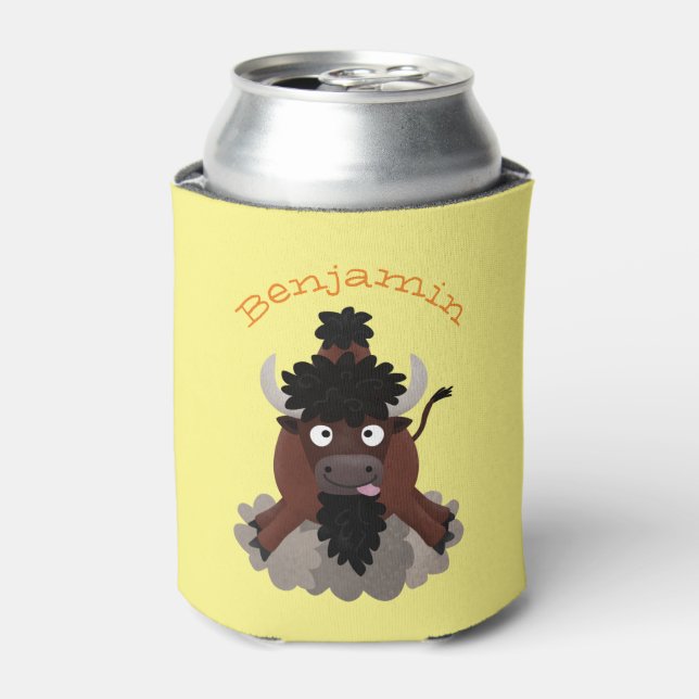 Funny buffalo bison cartoon illustration can cooler (Can Front)