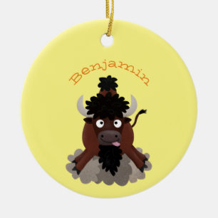 Funny buffalo bison cartoon illustration ceramic tree decoration