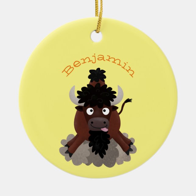 Funny buffalo bison cartoon illustration ceramic tree decoration (Front)
