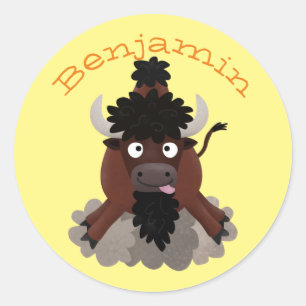 Funny buffalo bison cartoon illustration classic round sticker