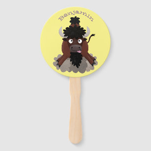 Funny buffalo bison cartoon illustration hand fan