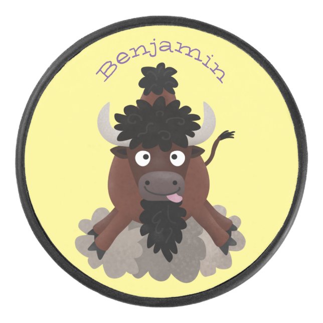 Funny buffalo bison cartoon illustration hockey puck (Front)