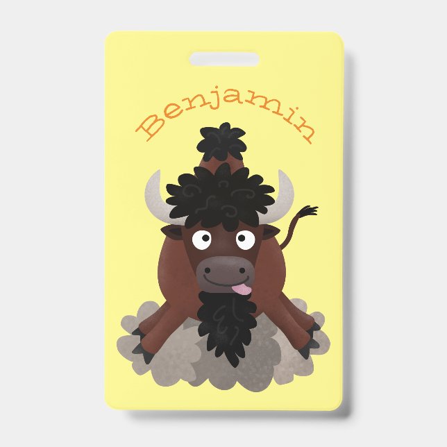 Funny buffalo bison cartoon illustration ID badge (Front)
