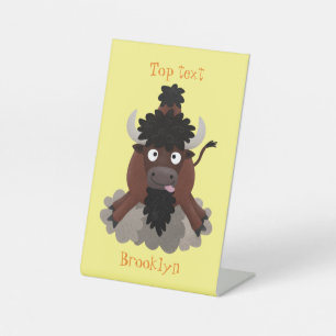 Funny buffalo bison cartoon illustration pedestal sign