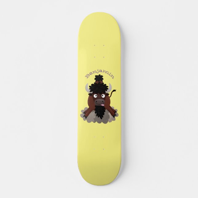 Funny buffalo bison cartoon illustration skateboard (Front)