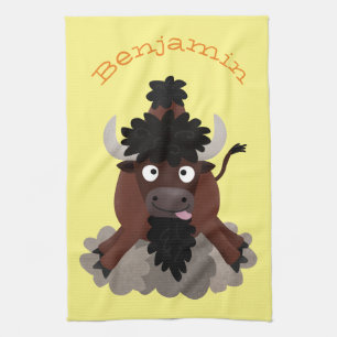 Funny buffalo bison cartoon illustration tea towel