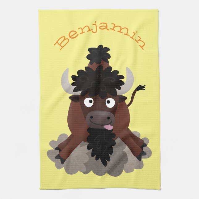 Funny buffalo bison cartoon illustration tea towel (Vertical)