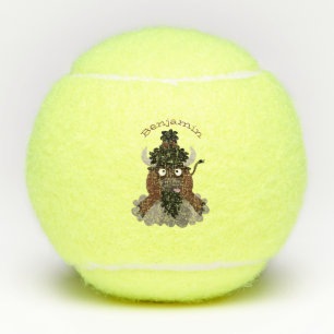 Funny buffalo bison cartoon illustration tennis balls