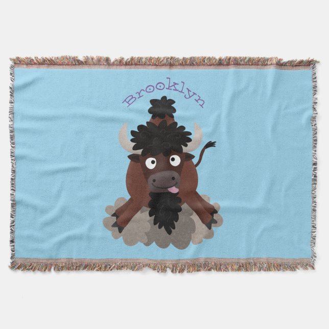 Funny buffalo bison cartoon illustration throw blanket (Front)