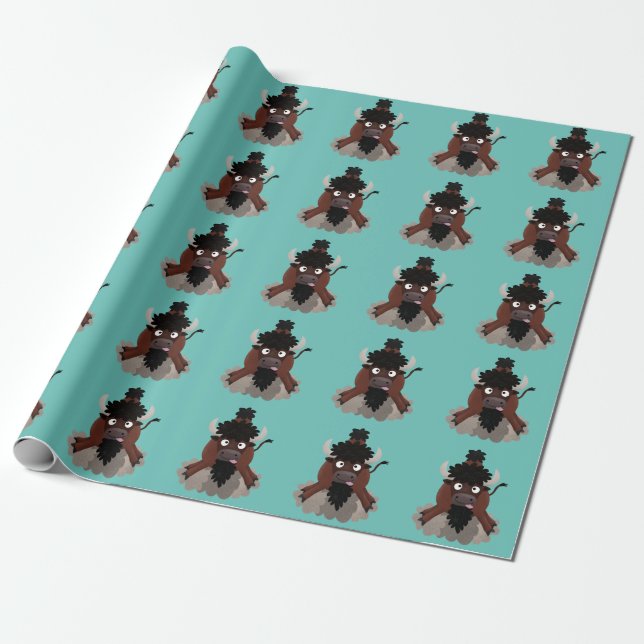 Funny buffalo bison cartoon illustration wrapping paper (Unrolled)