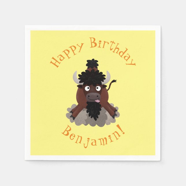 Funny buffalo bison personalised cartoon birthday napkin (Front)