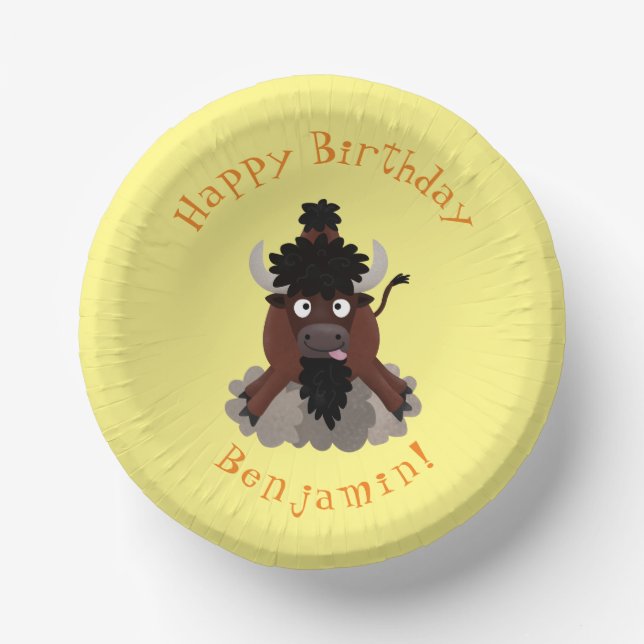 Funny buffalo bison personalised cartoon birthday paper plate (Front)