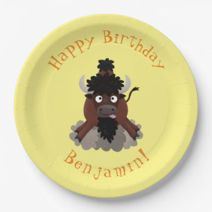 Funny buffalo bison personalised cartoon birthday paper plate