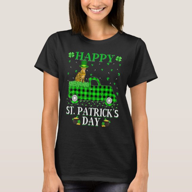 Funny Buffalo Plaid Green Truck Bengal Cat St. Pat T-Shirt (Front)