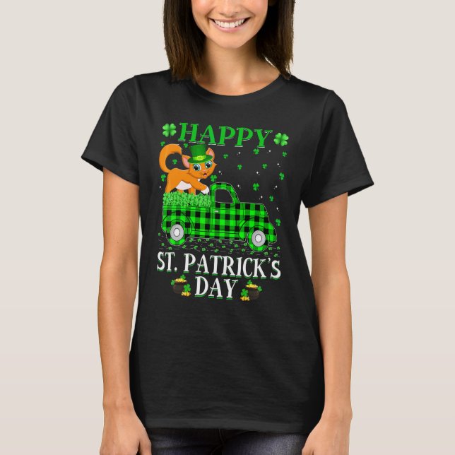 Funny Buffalo Plaid Green Truck Cat St Patrick's D T-Shirt (Front)