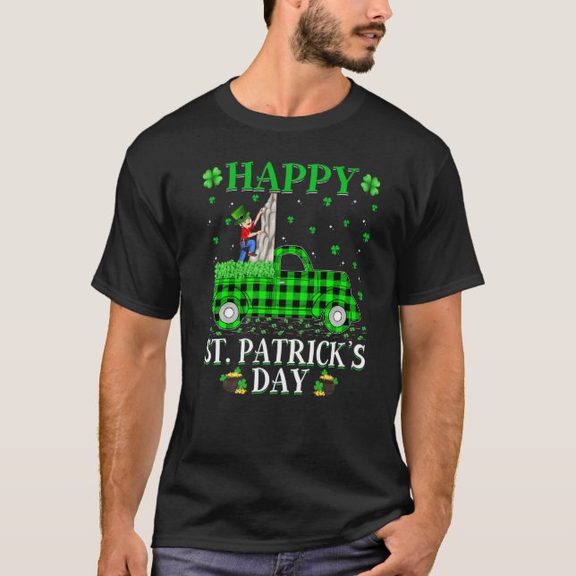 Funny Buffalo Plaid Green Truck Climbing St. Patri T-Shirt (Front)