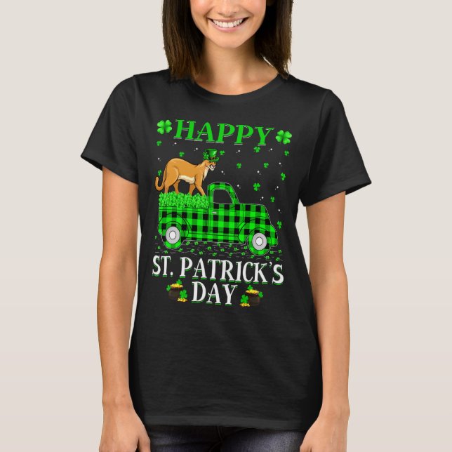 Funny Buffalo Plaid Green Truck Cougar St Patrick  T-Shirt (Front)