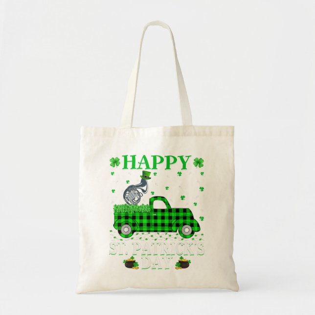 Funny Buffalo Plaid Green Truck French Horn St Pat Tote Bag (Front)