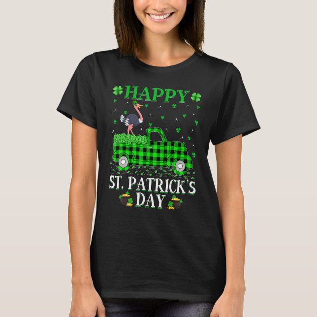 Funny Buffalo Plaid Green Truck Ostrich Bird St Pa T-Shirt (Front)