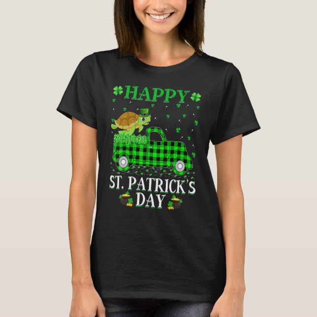 Funny Buffalo Plaid Green Truck Sea Turtle St Patr T-Shirt (Front)
