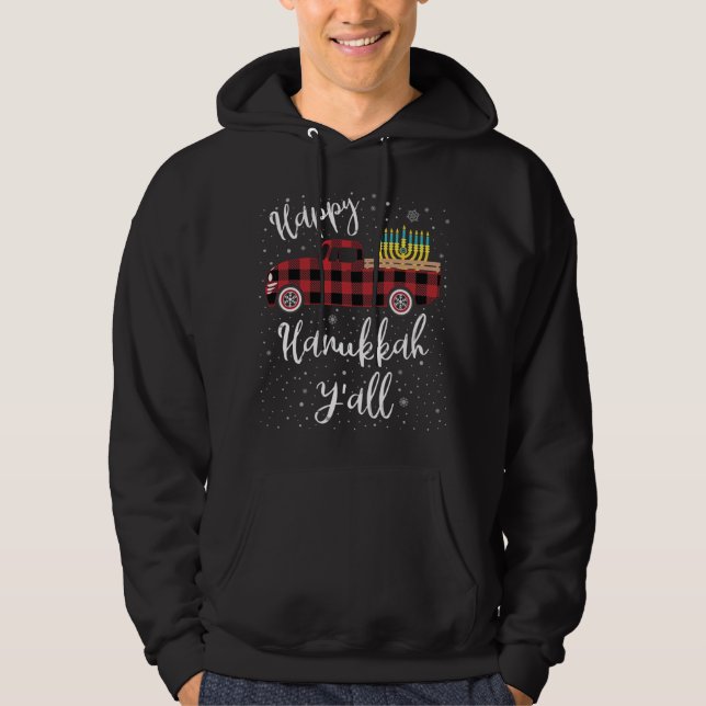 Funny Buffalo Plaid Happy Hanukkah Y'all Red Truck Hoodie (Front)