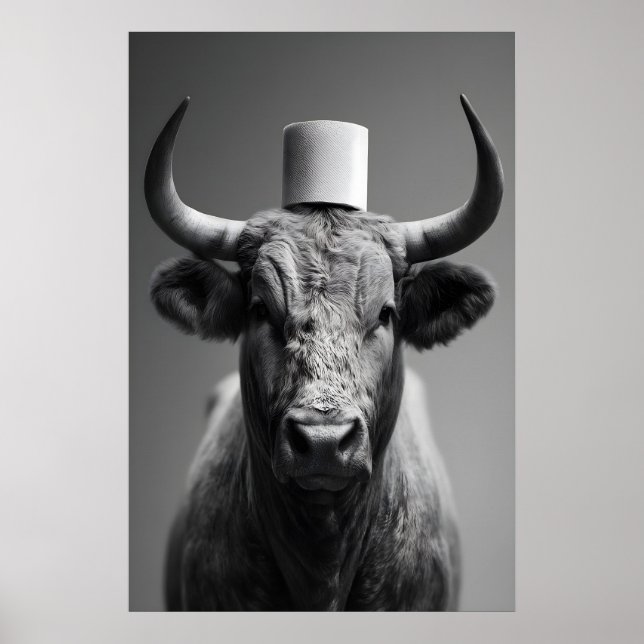 Funny Bull Bathroom Art Print, Toilet Paper Humor Poster (Front)