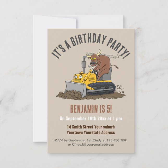 Funny bull driving bulldozer birthday invitation (Front)