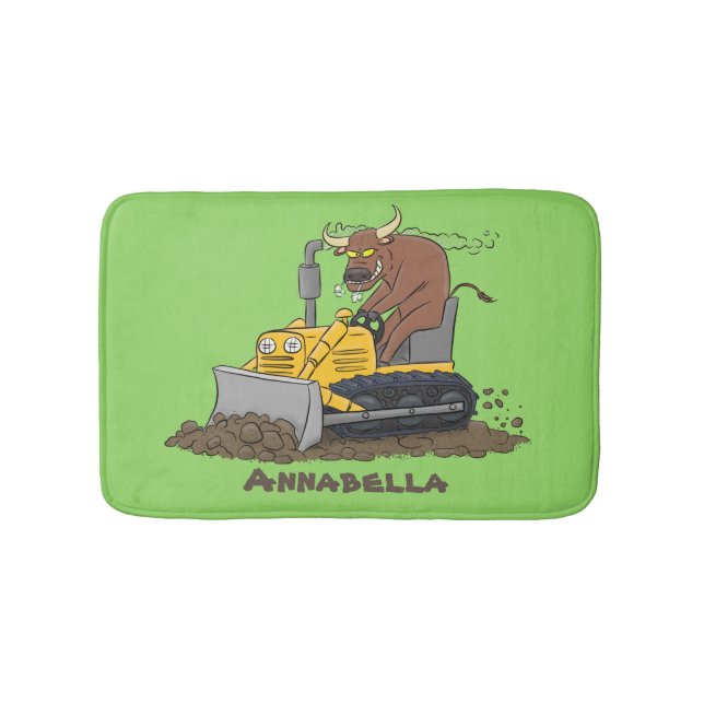 Funny bull driving bulldozer cartoon bath mat (Front)