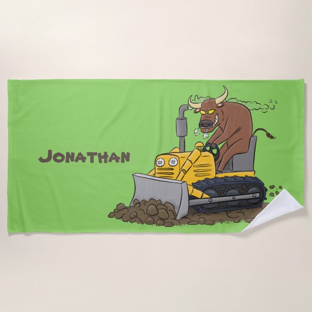 Funny bull driving bulldozer cartoon beach towel (Front)